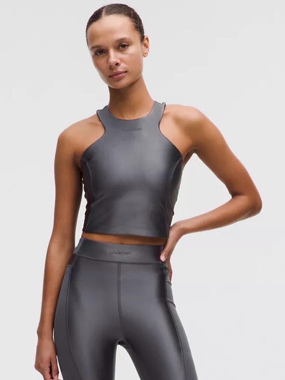 lululemon Satin Shine Panelled Coal High-Neck Cropped Sports Bra